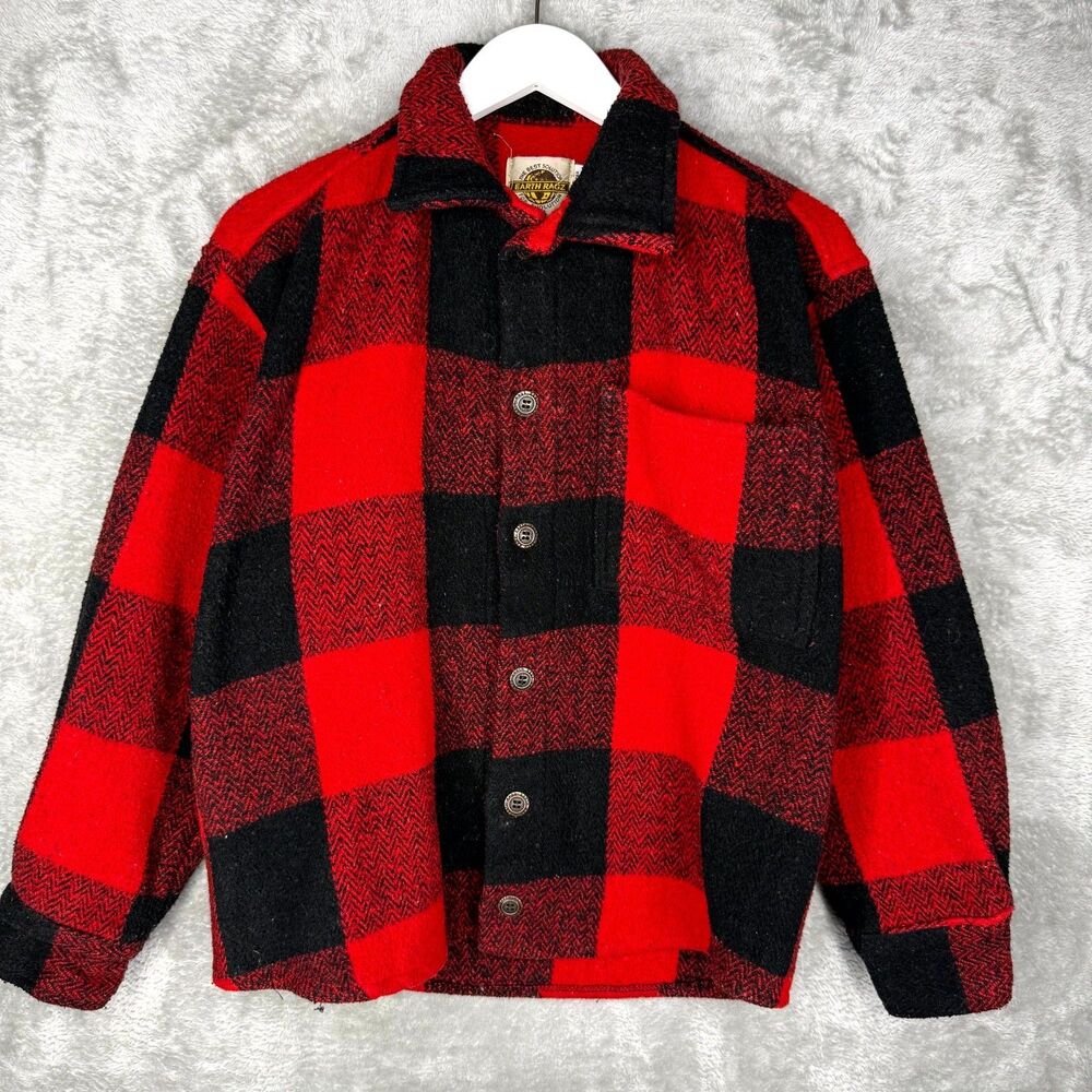 Earth Ragz Flannel Shacket Mens Medium Red Black Buffalo Plaid Shirt Jacket